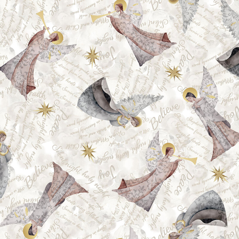 Taupe watercolor textured fabric with sand colored wording between winged angels with damask overlay and gold stars