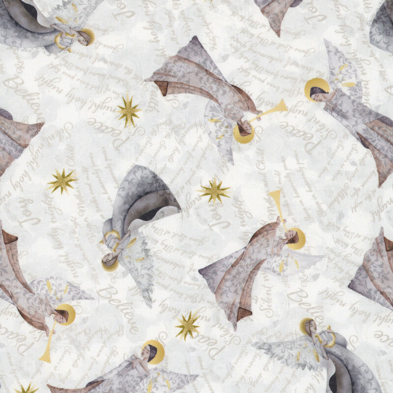 Pale ivory watercolor textured fabric with sand colored wording between winged angels with damask overlay and gold stars