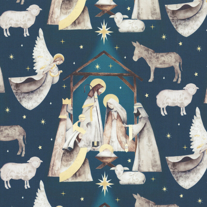 Indigo blue fabric depicting the nativity, with winged angels and farm animals, with diamond stars