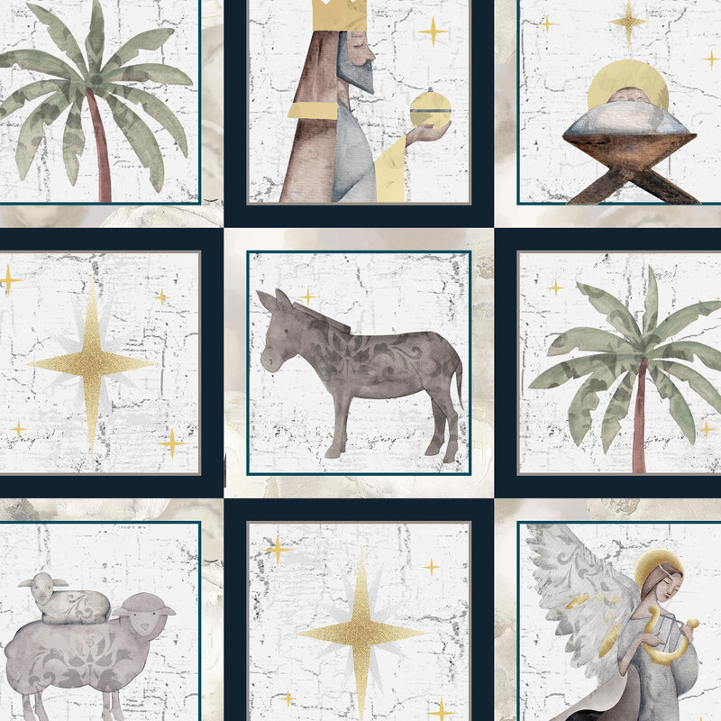 Fabric featuring marble textured squares with Jesus, wise men, donkeys, palm trees, and golden stars