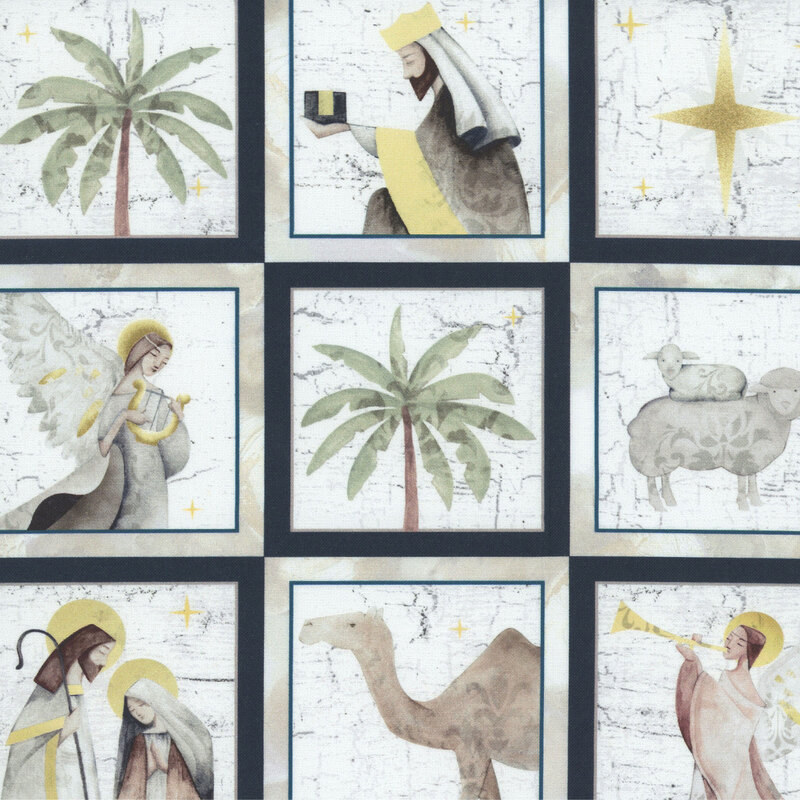 Fabric featuring textured squares with Jesus, wise men, donkeys, palm trees, and golden stars