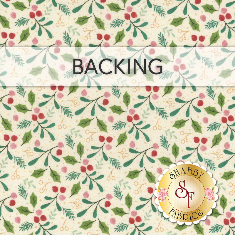 A swatch of cream fabric with tossed holly and mistletoe. A banner at the top reads "Backing" and a golden Shabby Fabrics sits in the bottom right corner.