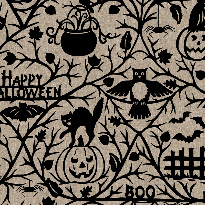 Stone gray fabric with black vines, leaves, pumpkins, cats, and bats in a Halloween theme