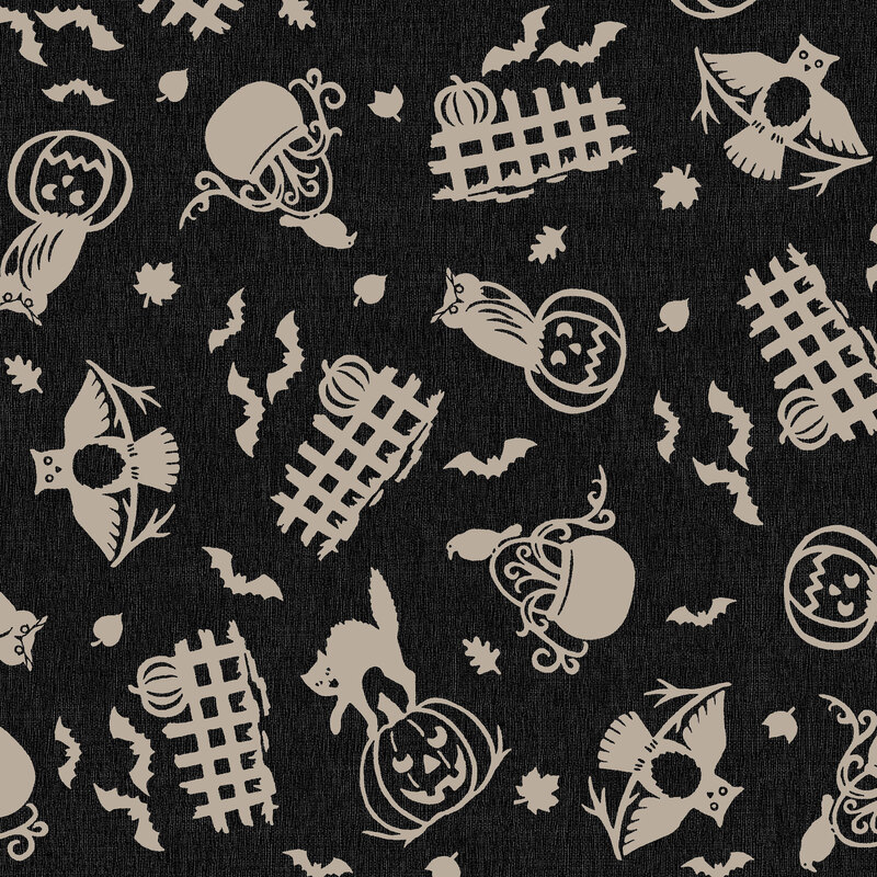 Black fabric tossed with steel gray cats and owls on pumpkins, cauldrons, bats, and pumpkins on fences.