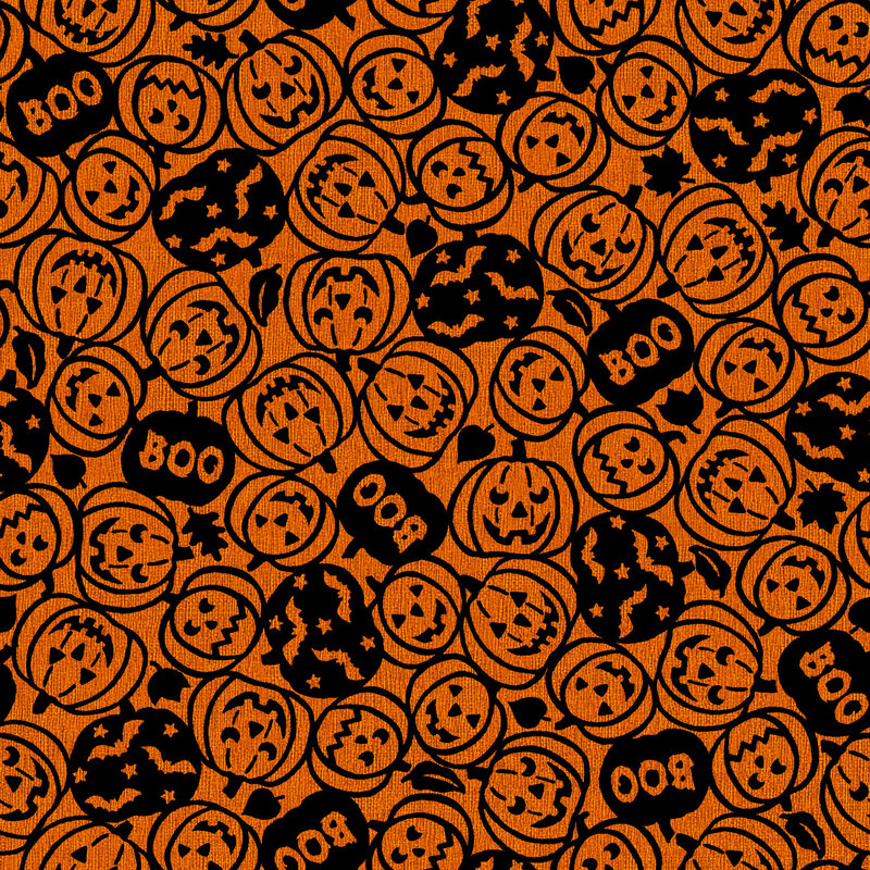 Pumpkin orange fabric tossed with carved pumpkins with spooky faces, boo, and bats in black outlines.