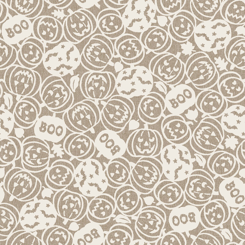 Dark greige fabric tossed with carved pumpkins with spooky faces, boo, and bats in white outlines.