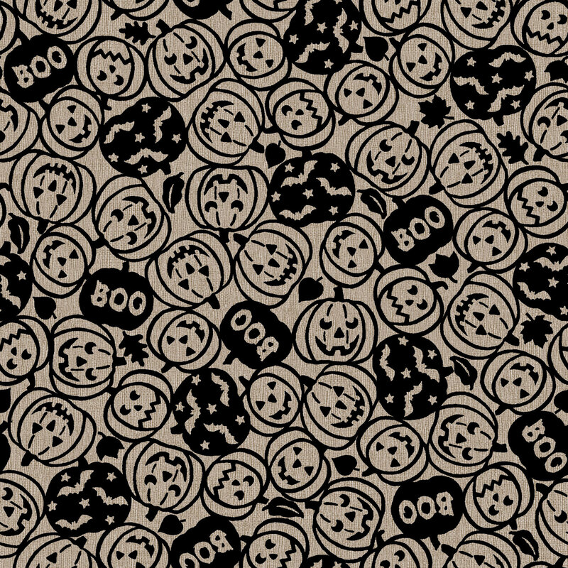 Dark greige fabric tossed with carved pumpkins with spooky faces, boo, and bats in black outlines.