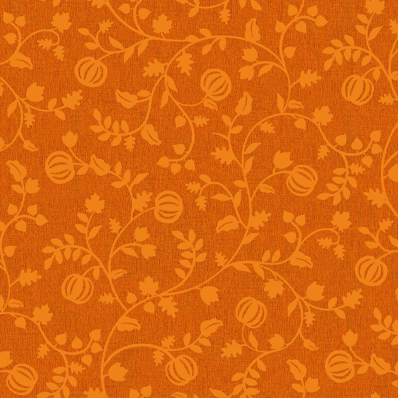 Twisting pumpkin orange vines with growing pumpkins and leaves on dark orange fabric.