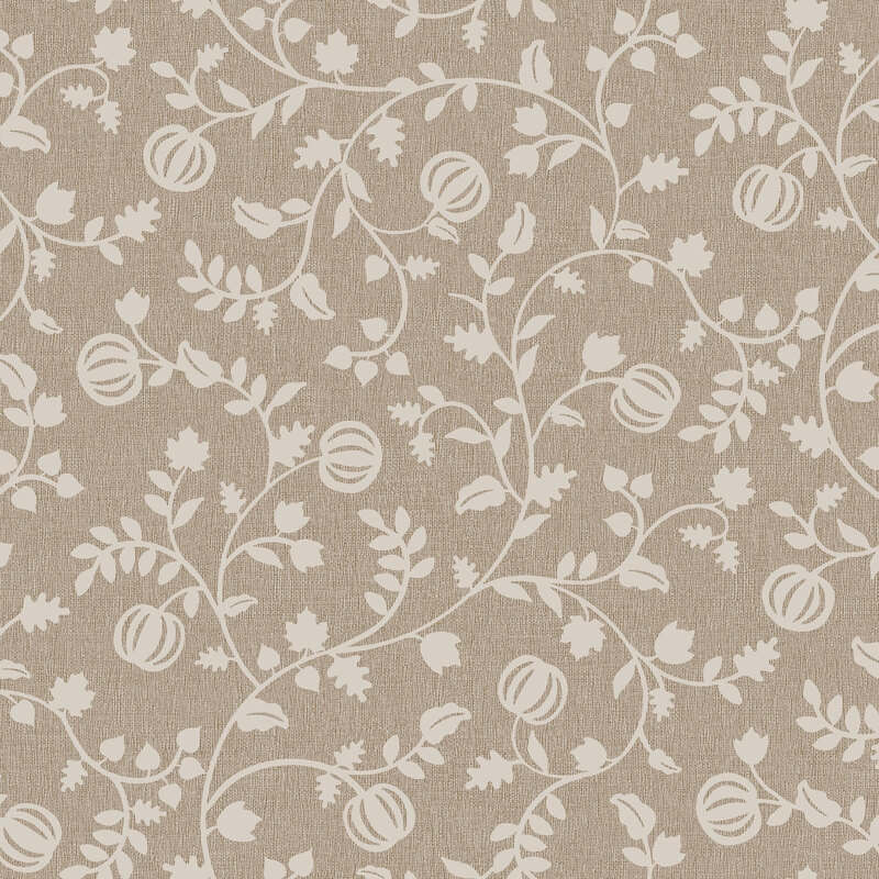 Twisting light gray vines with growing pumpkins and leaves on dark greige fabric.