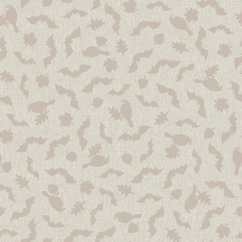 Dark greige ravens, leaves, and bat silhouettes on textured medium gray fabric