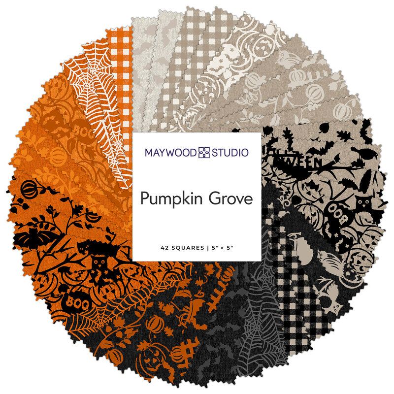 A collage of fabric swatches in orange, black, and gray with a Halloween theme arranged in a circular display, labeled Pumpkin Grove by Maywood Studio.