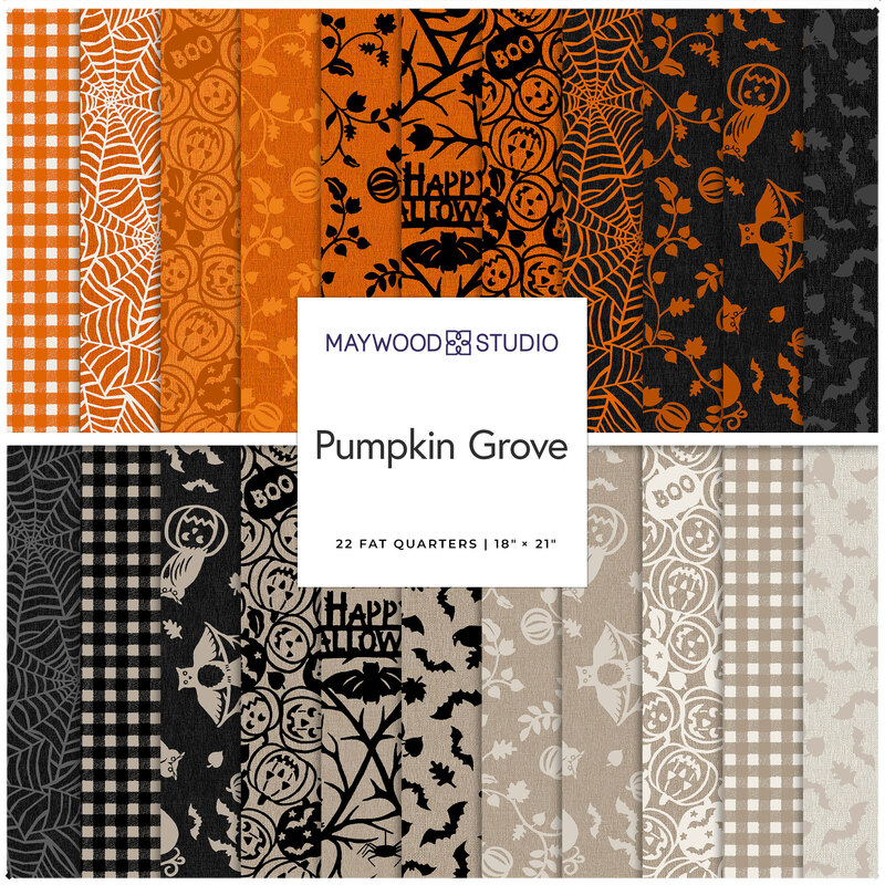 A collage of fabrics included in the Pumpkin Grove collection with orange, black, and gray fabrics with a Halloween theme.