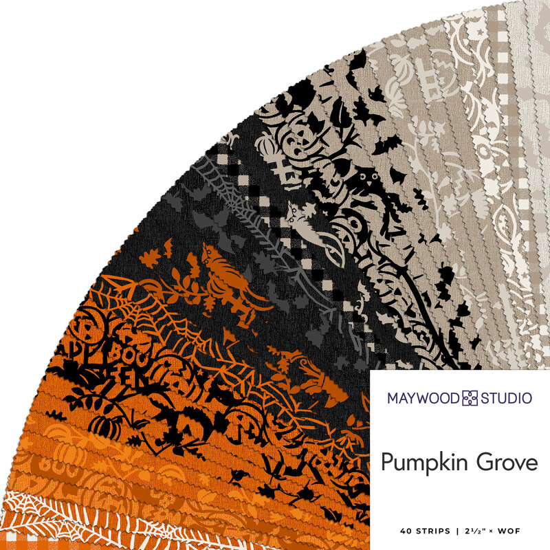 A collage of fabric strips in orange, black, and gray featuring a Halloween theme in a circular display, labeled Pumpkin Grove by Maywood Studio.