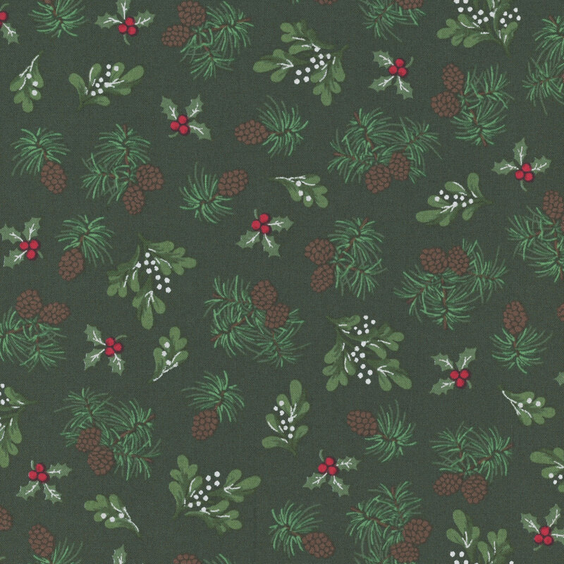 Spruce green fabric with a tossed pattern of mistletoe, holly, and pinecones