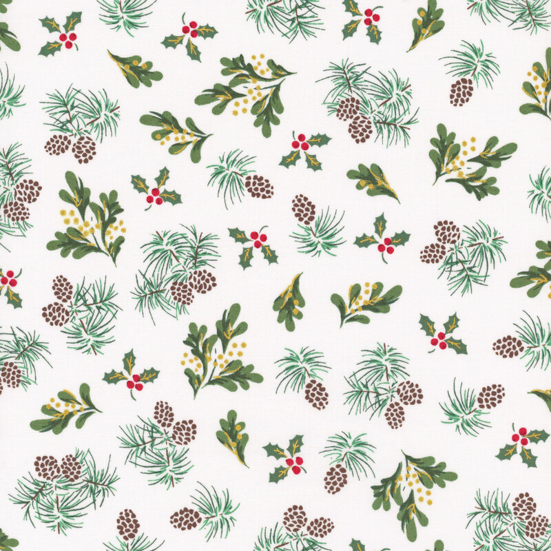 White fabric with a tossed pattern of mistletoe, holly, and pinecones