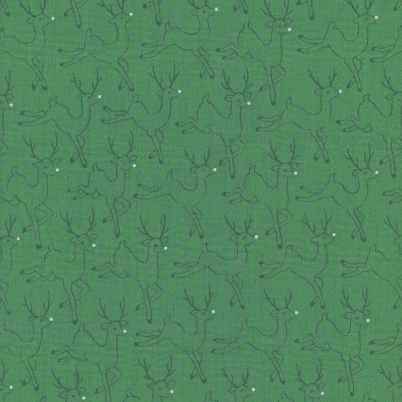 Holly green fabric with dark green outlines of deer with silver noses in a repeating pattern