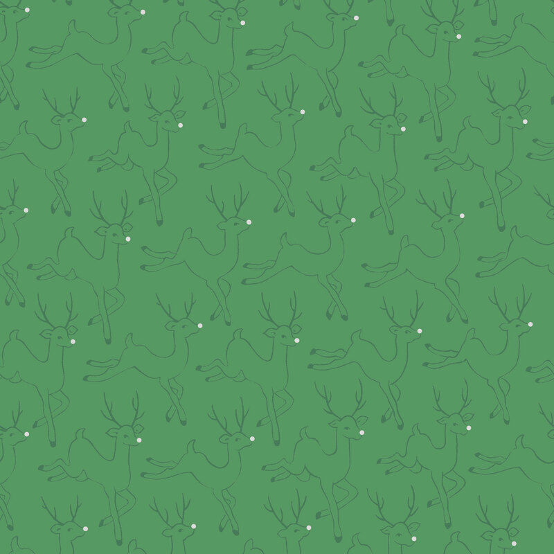 Holly green fabric with dark green outlines of deer with silver noses in a repeating pattern