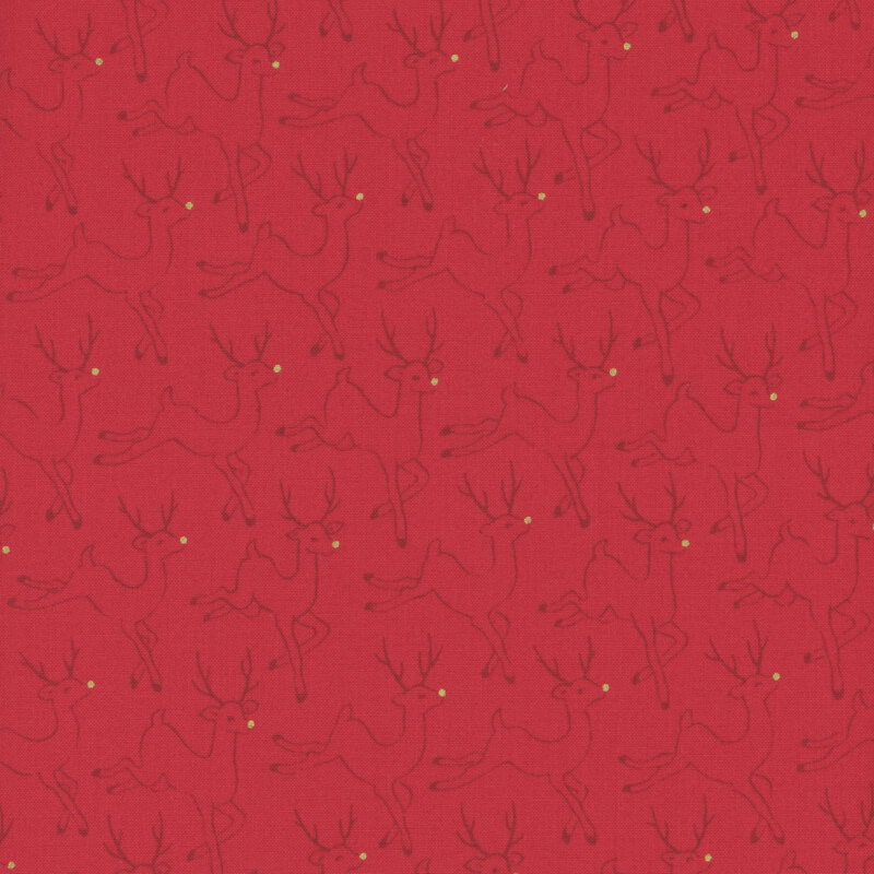Christmas red fabric with red outlines of deer with gold noses in a repeating pattern