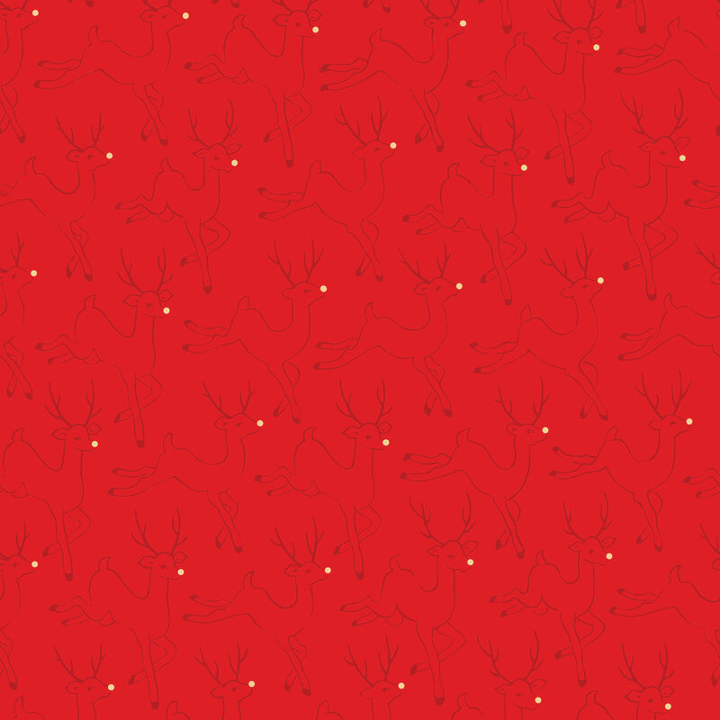 Christmas red fabric with red outlines of deer with gold noses in a repeating pattern