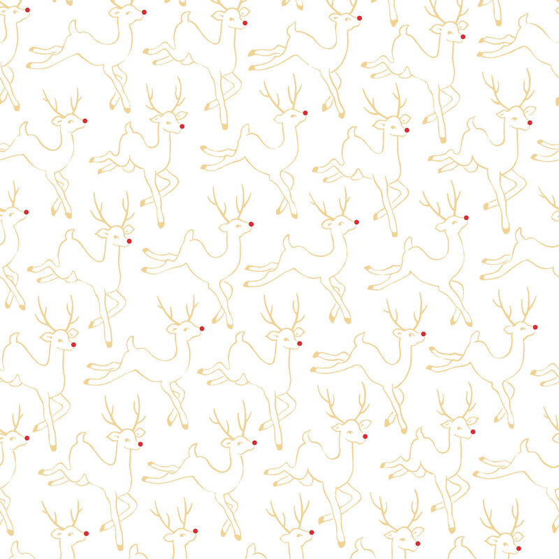 White fabric with gold outlines of deer with red noses in a repeating pattern