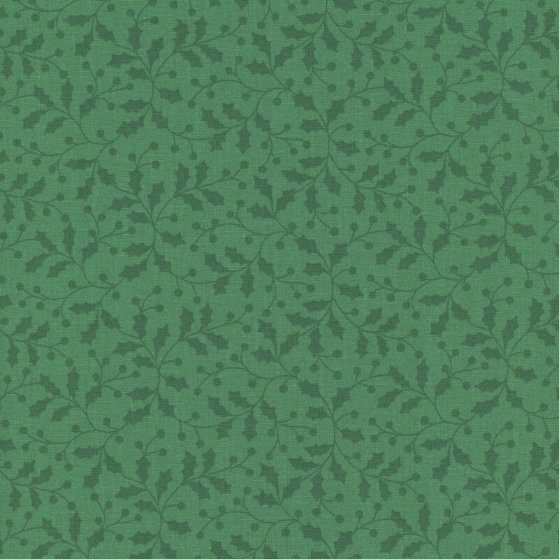 An emerald green fabric featuring dark green vines with holly leaves and berries