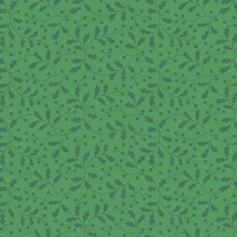 An emerald green fabric featuring dark green vines with holly leaves and berries