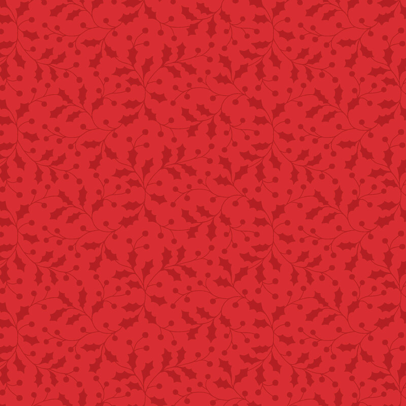 A ruby red fabric featuring deep red vines with holly leaves and berries