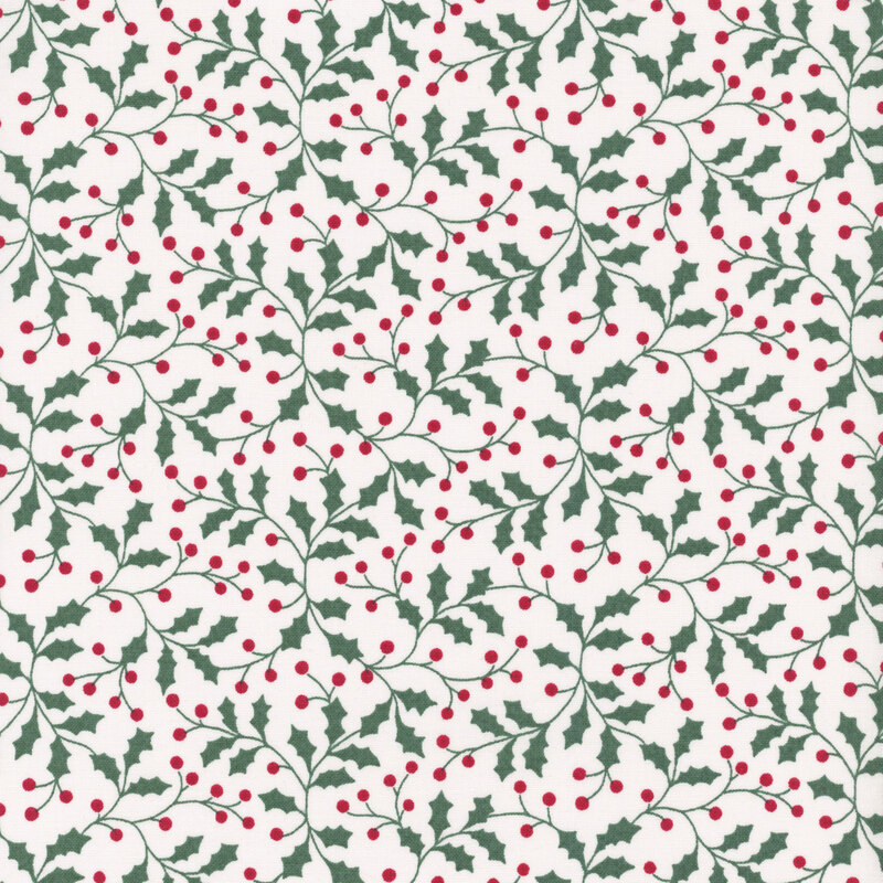 A white fabric featuring dark green vines with green holly leaves and red berries