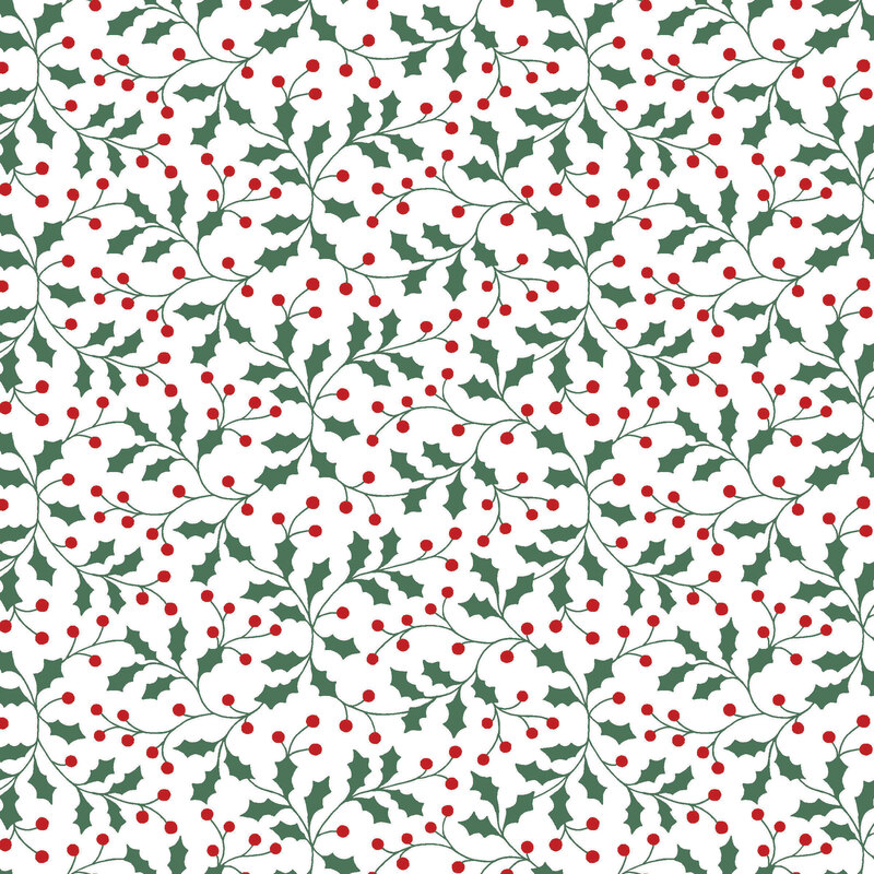 A white fabric featuring dark green vines with green holly leaves and red berries