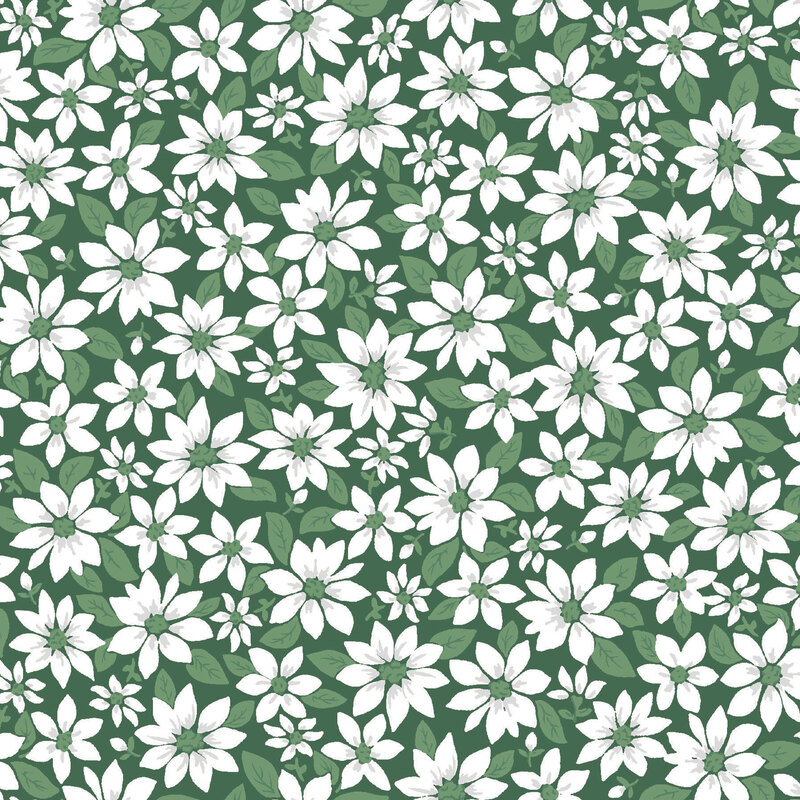 Holly green fabric with white poinsettias and medium green leaves 