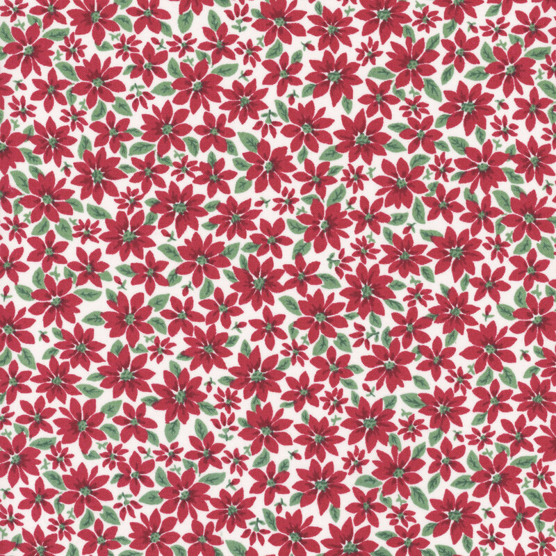 White fabric with crimson poinsettias and medium green leaves 