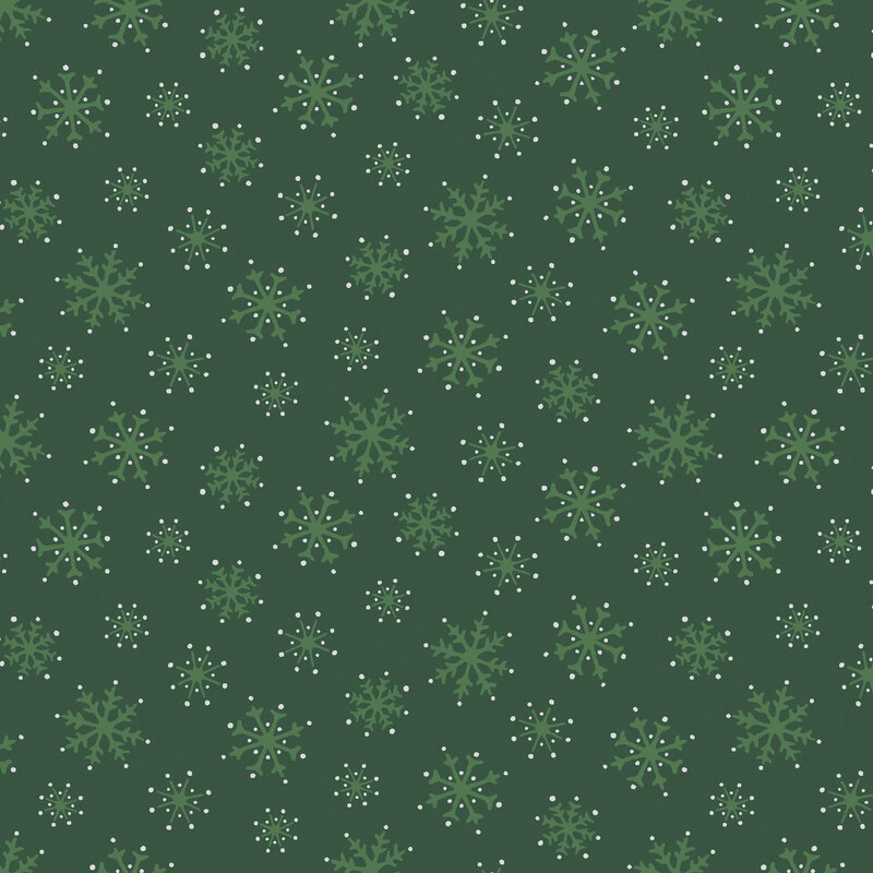 Spruce green fabric with medium green snowflakes and silver dots