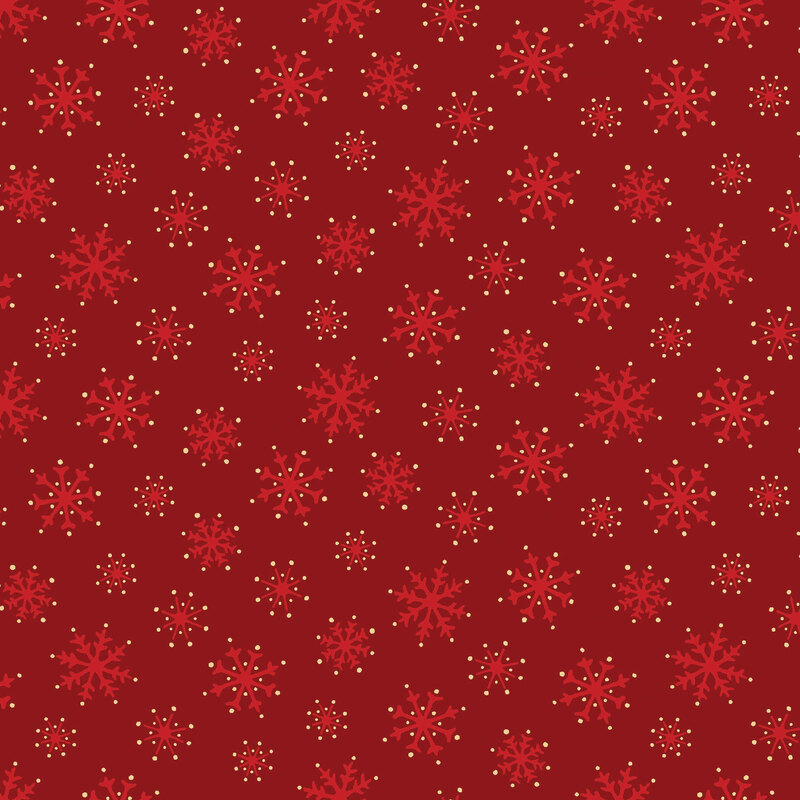 Crimson fabric with Christmas red snowflakes and gold dots