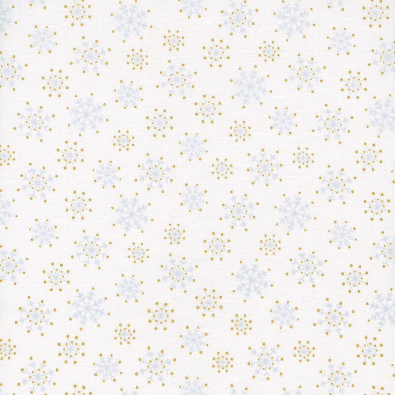 White fabric with silver snowflakes and gold dots