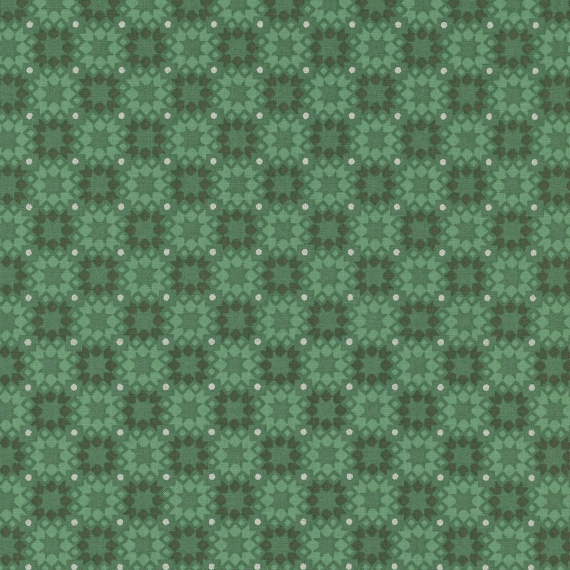 Holly green fabric with checkered pattern of spruce green and celadon shapes with silver dots