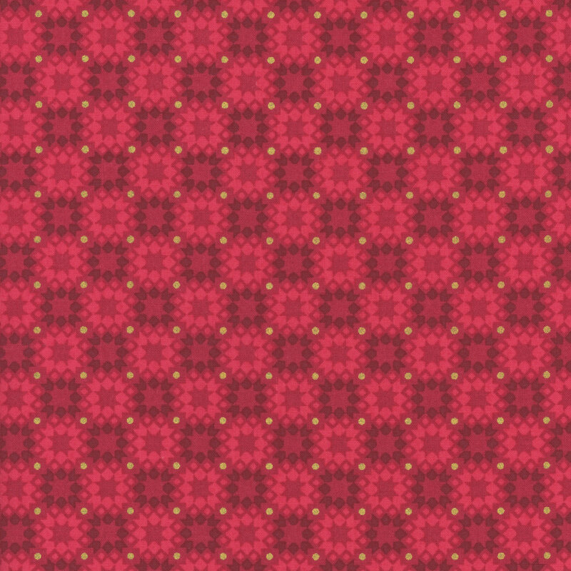 Crimson fabric with checkered pattern of maroon and scarlet shapes with gold dots