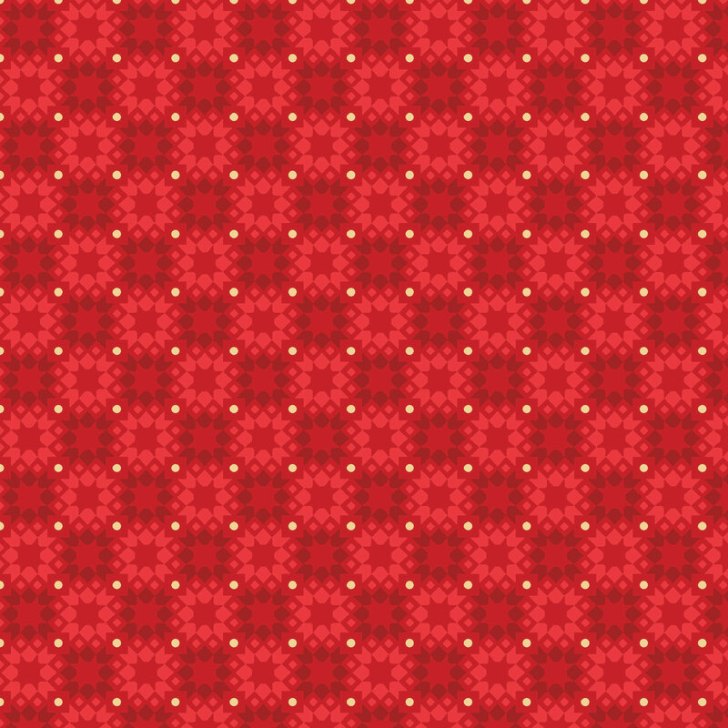 Crimson fabric with checkered pattern of maroon and scarlet shapes with gold dots