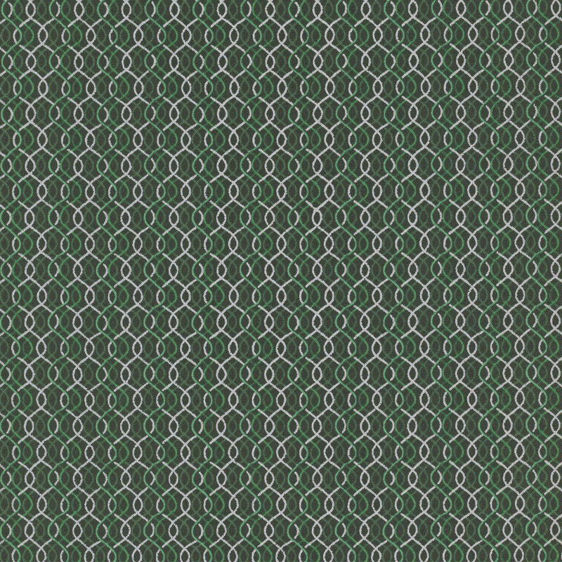 Spruce green fabric with a layered pattern of wavy lines in silver, light and medium green