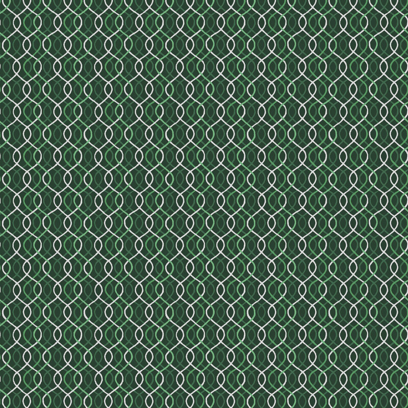 Spruce green fabric with a layered pattern of wavy lines in silver, light and medium green