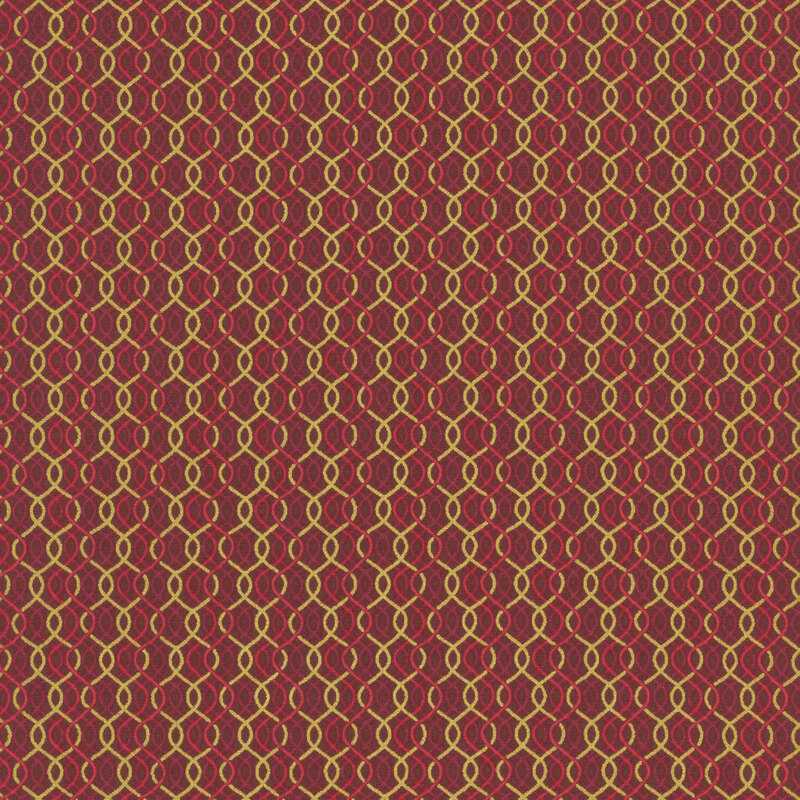 Maroon fabric with a layered pattern of wavy lines in scarlet, primary red and gold