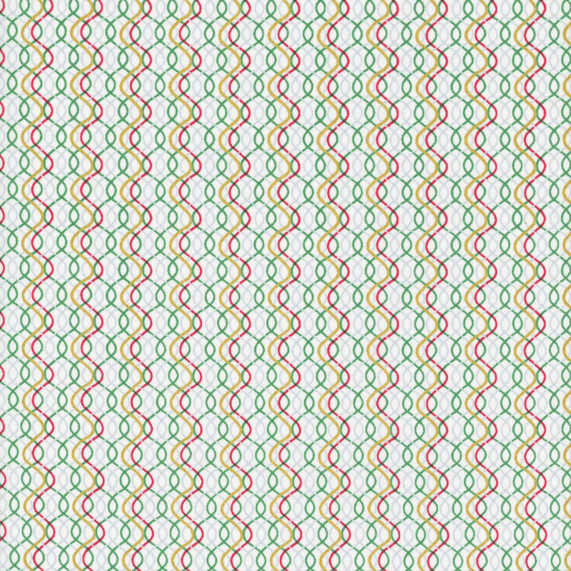 White fabric with a layered pattern of wavy lines in metallic gold, red, and medium green
