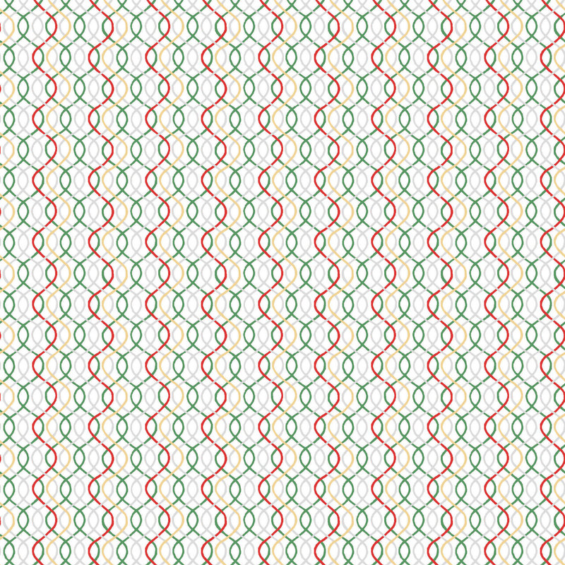 White fabric with a layered pattern of wavy lines in metallic gold, red, and medium green