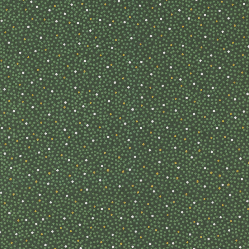 Spruce fabric with a pattern of dense holly green, gold and silver metallic dots