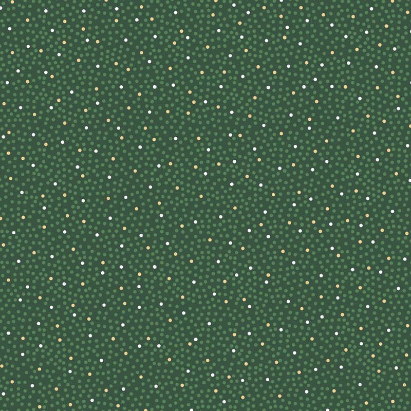 Spruce fabric with a pattern of dense holly green, gold and silver metallic dots