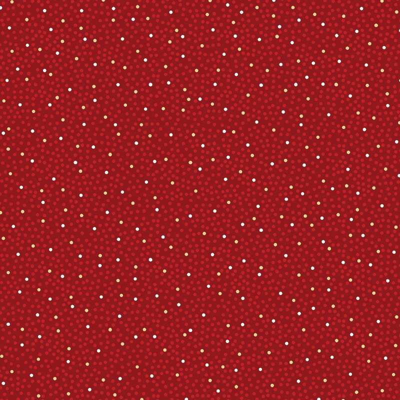 Maroon fabric with a pattern of dense scarlet and gold and silver metallic dots