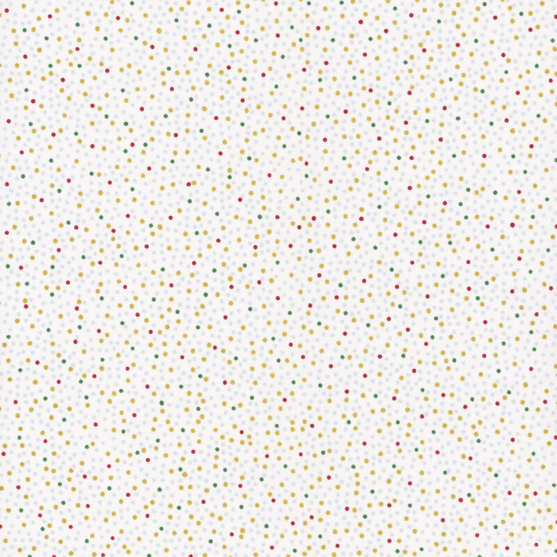 White fabric with a pattern of dense holly green, red, silver and gold dots