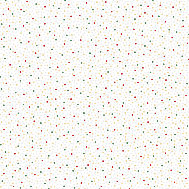 White fabric with a pattern of dense holly green, red, silver and gold dots
