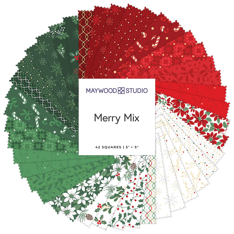 circular collage of fabrics in the collection, ranging from red to white to green, featuring Christmas motifs