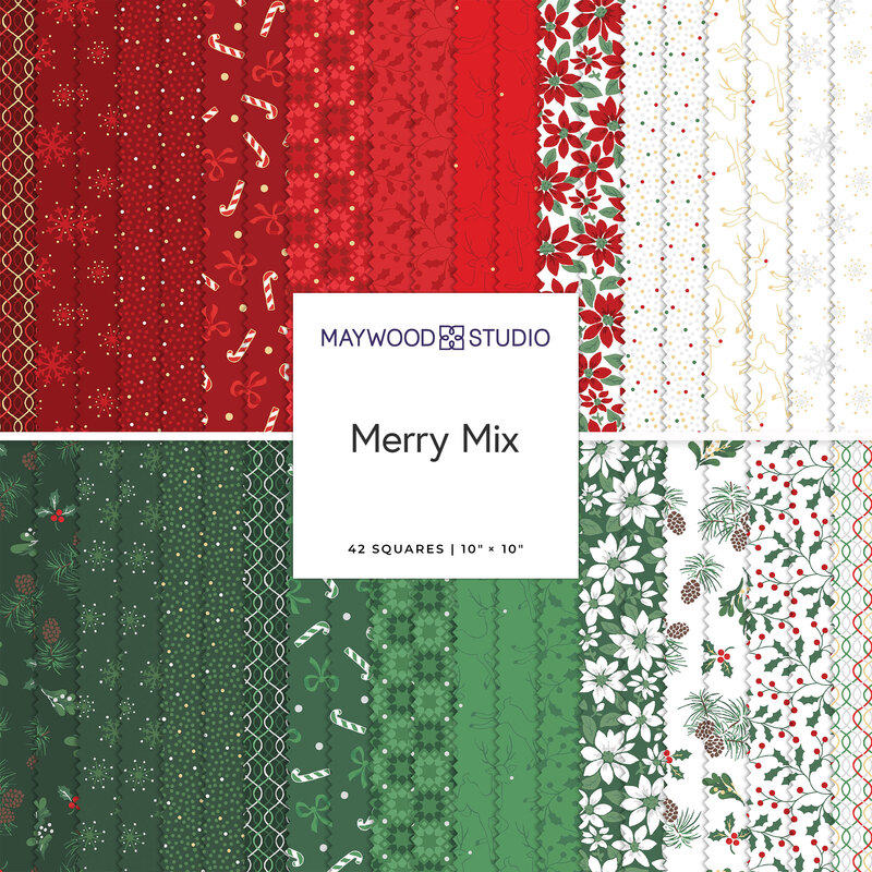 collage of fabrics in the collection, ranging from red to white to green, featuring Christmas motifs