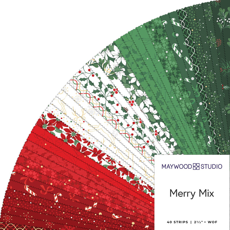 fanned out collage of fabrics in the collection, ranging from red to white to green, featuring Christmas motifs